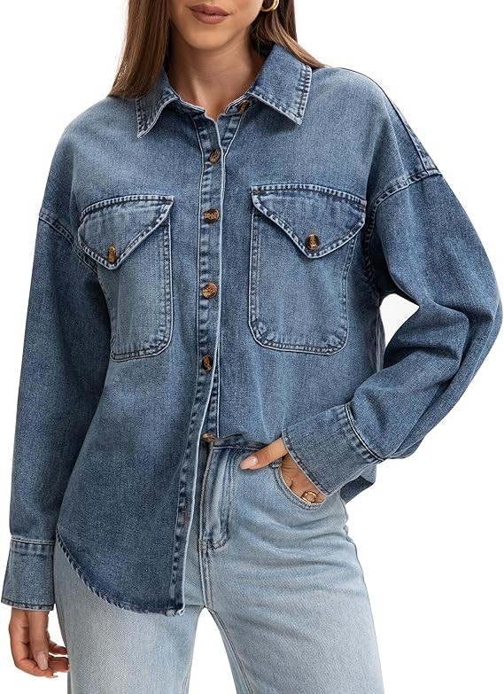 POTILI Women's Oversized Denim Shirt Long Sleeve Boyfriend Jean Jacket Button Down Blouse Top | Amazon (US)