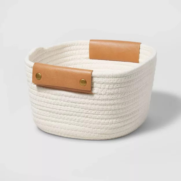 11" Decorative Coiled Rope Square Base Tapered Basket with Leather Handles Small White - Brightro... | Target