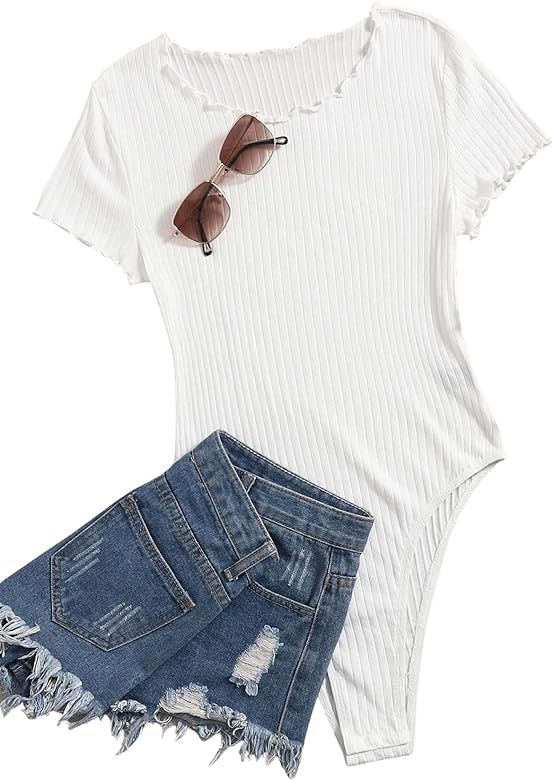 Romwe Women's Ribbed Knit Short Sleeve Lettuce Trim Basic T Shirt Bodysuit | Amazon (US)