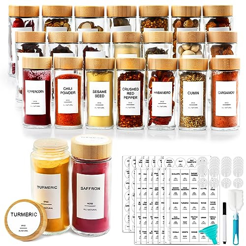 AISIPRIN Glass Spice Jars with 398 Labels-4oz 24 Pcs,Round Seasoning Jars with Bamboo Airtight Lids,Spice Container Set -Shaker Lids, Funnel,Brush and Marker Included | Amazon (US)