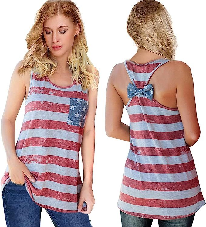 Womens Patriotic American Flag Print Summer Sexy Sleeveless T-Shirts Tank Top | Amazon (US)