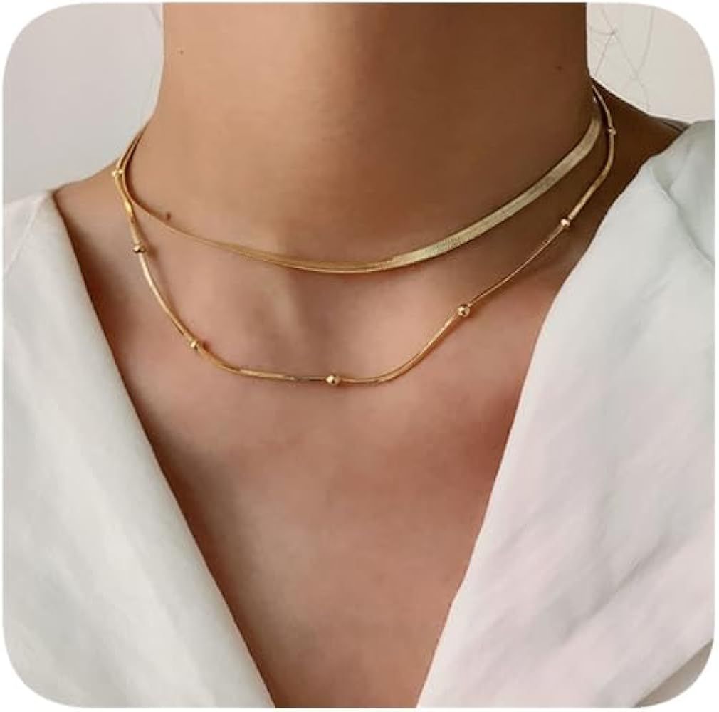 Herringbone Necklace for Women, 14K Gold Plated Layered Necklace Gold Station Necklace for Girls,... | Amazon (US)