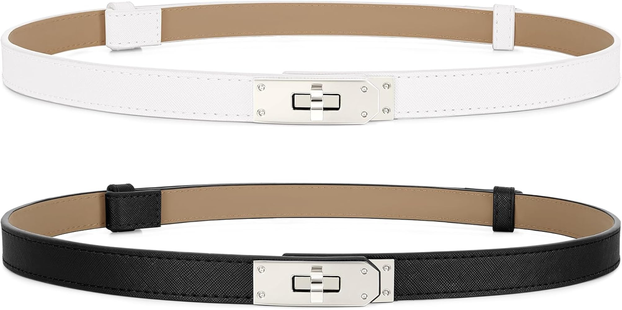 Women Skinny Leather Belt for Dresses Jeans Solid Color Alloy Turn Lock 2 Pack | Amazon (US)