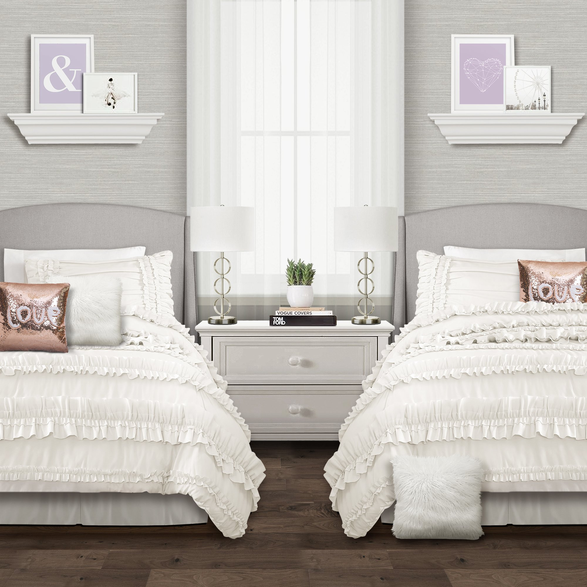 Lush Decor Belle 3 Piece Ruffled Vintage Chic White Comforter Set with Bed Skirt and Pillow Sham, Twin XL | Amazon (US)