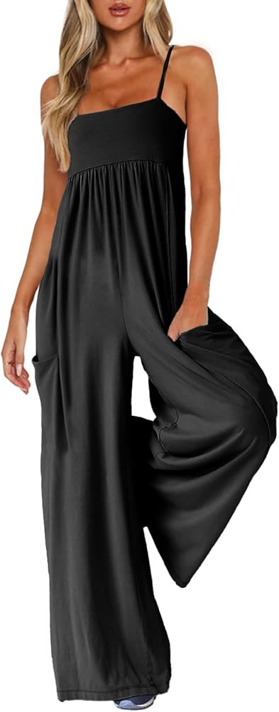 Jumpsuits for Women Spaghetti Strap Wide Leg One Piece Overalls Summer Rompers with Pockets Beach... | Amazon (US)