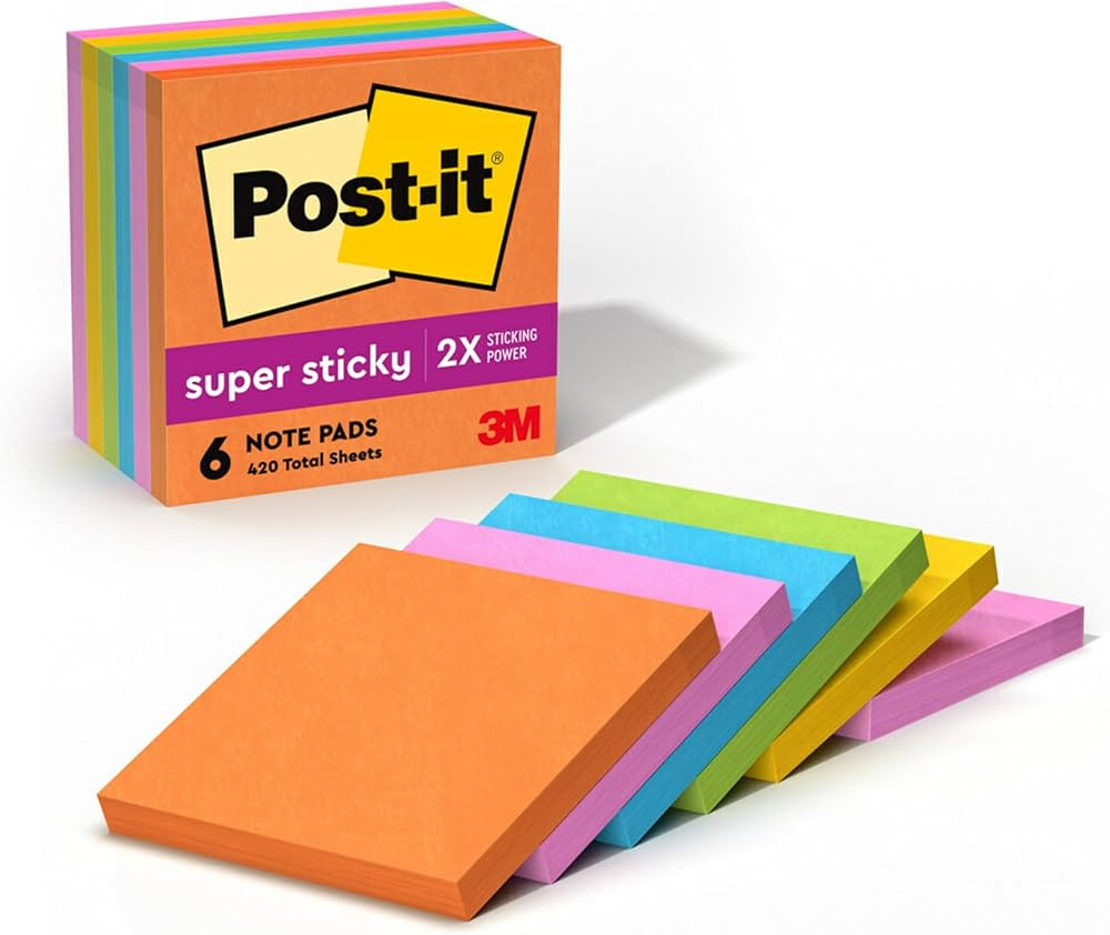 Post-it Super Sticky Notes, 3x3 in, 6 Pads, 2x the Sticking Power, Energy Boost Collection, Brigh... | Amazon (US)