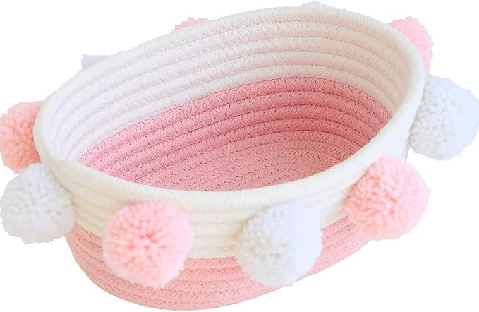 Small Pink Basket with Pom Pom, 10.6" x 9.8" x 4.3" Cute Woven Oval Decorative Basket for Baby Gi... | Amazon (US)