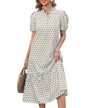 Wenrine Womens Summer Floral Maxi Dress Casual V Neck Puff Short Sleeve Button Flowy Beach Boho L... | Amazon (US)