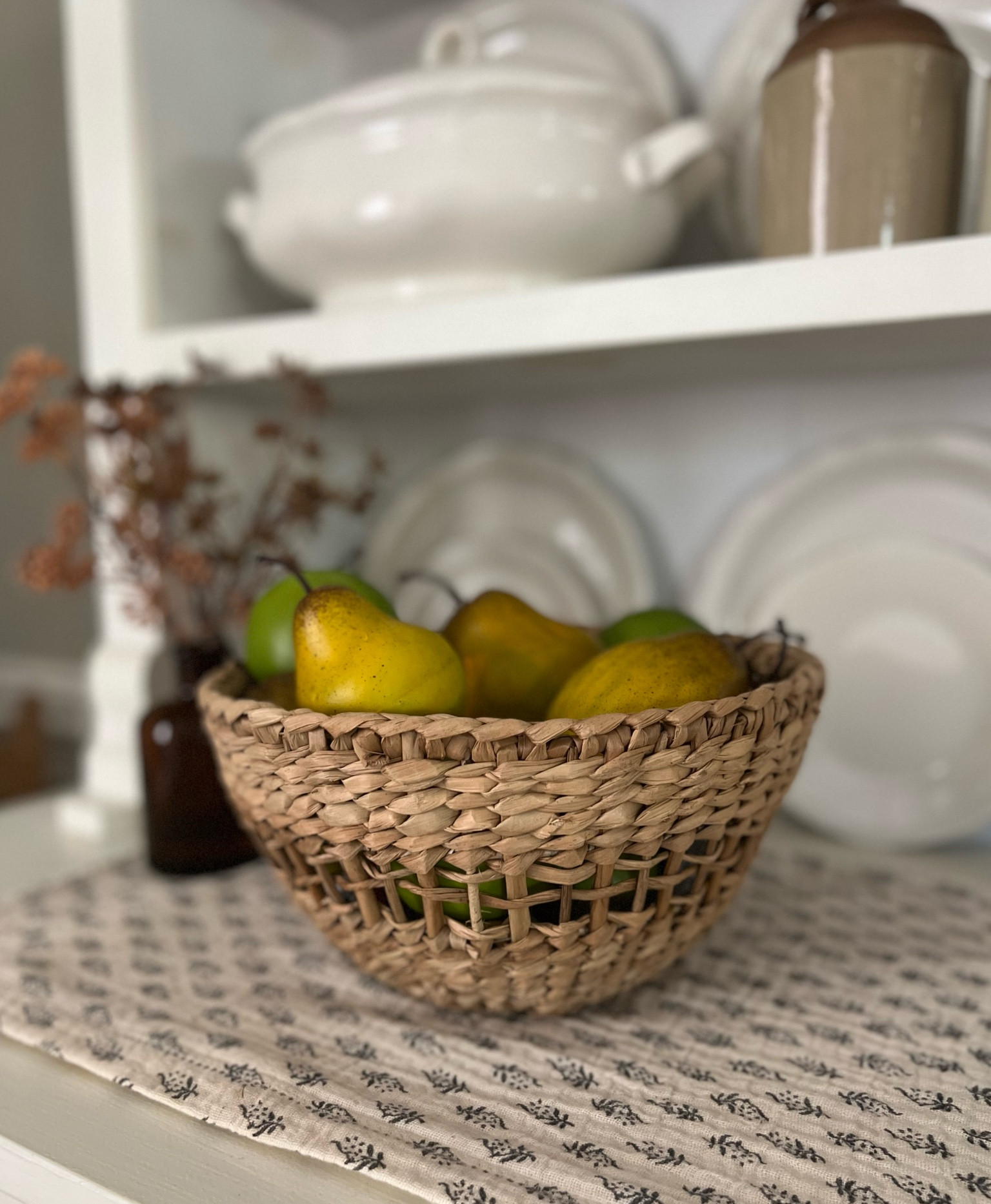 Fall home decor- hearth & hand woven fruit basket, floral arrangement, amber glass vase, floral block print table runner, Purple Rose Home, vintage, modern farmhouse style, cottage 

#LTKhome #LTKstyletip #LTKSeasonal