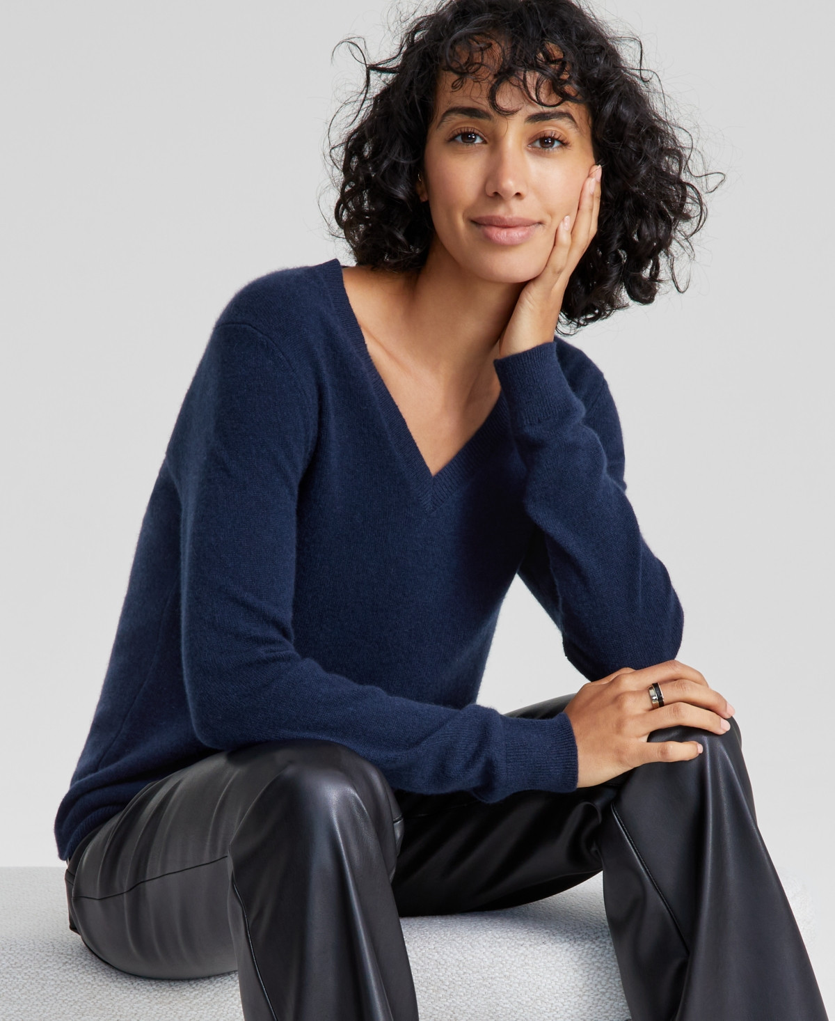 Charter Club 100% Cashmere Petite V-Neck Long-Sleeve Sweater, Created for Macy's - Admiral Navy | Macy's