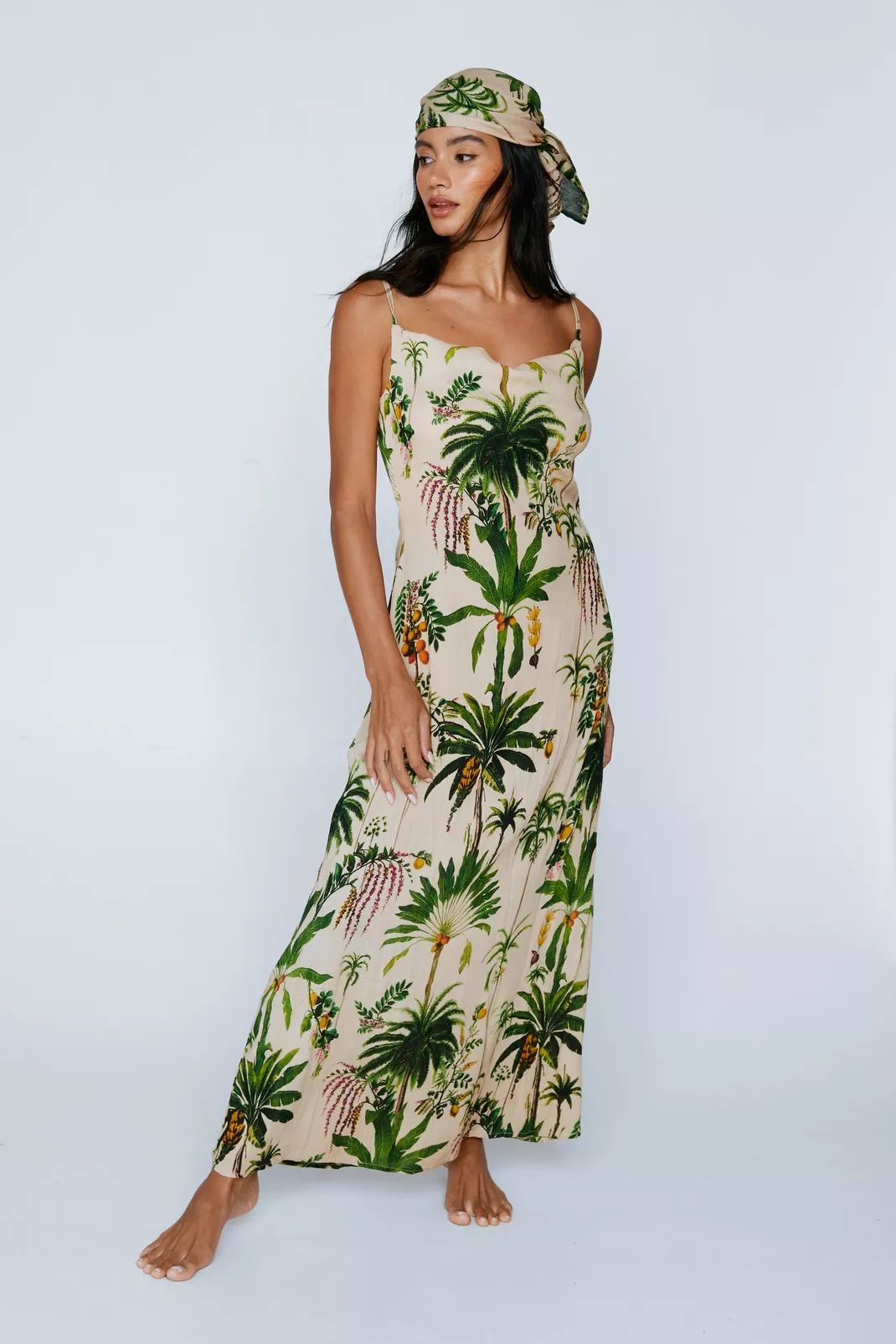 Crinkle Viscose Palm Tree Cowl Maxi Dress And Headscarf Set | Nasty Gal US