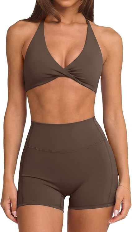 SUUKSESS Women 2 Piece Workout Sets Twist V Neck Sports Bra Yoga Gym Biker Short | Amazon (US)