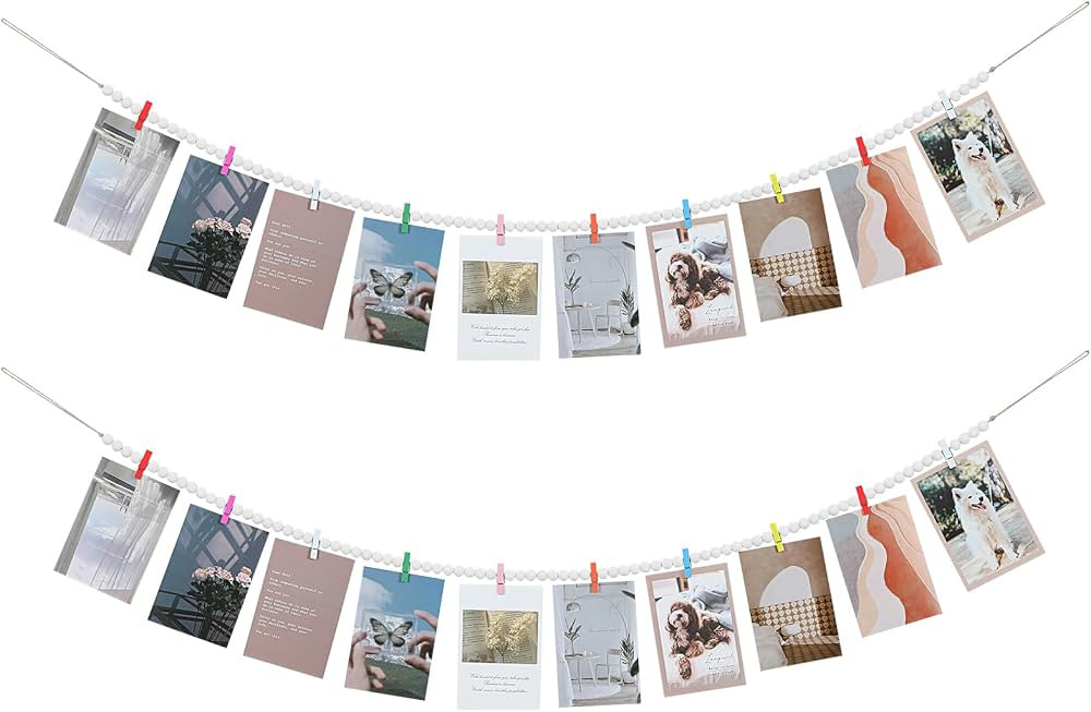 Hanging Photo Display with Clips, Boho Wooden Bead Garland Collage Picture Frame Wall Decor, Phot... | Amazon (US)