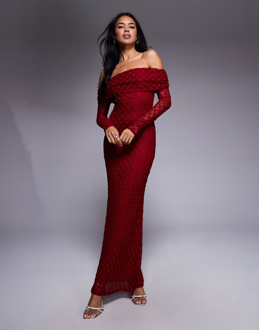 Bardot Adoni flocked off the shoulder long sleeve maxi dress in red-Purple | ASOS (Global)