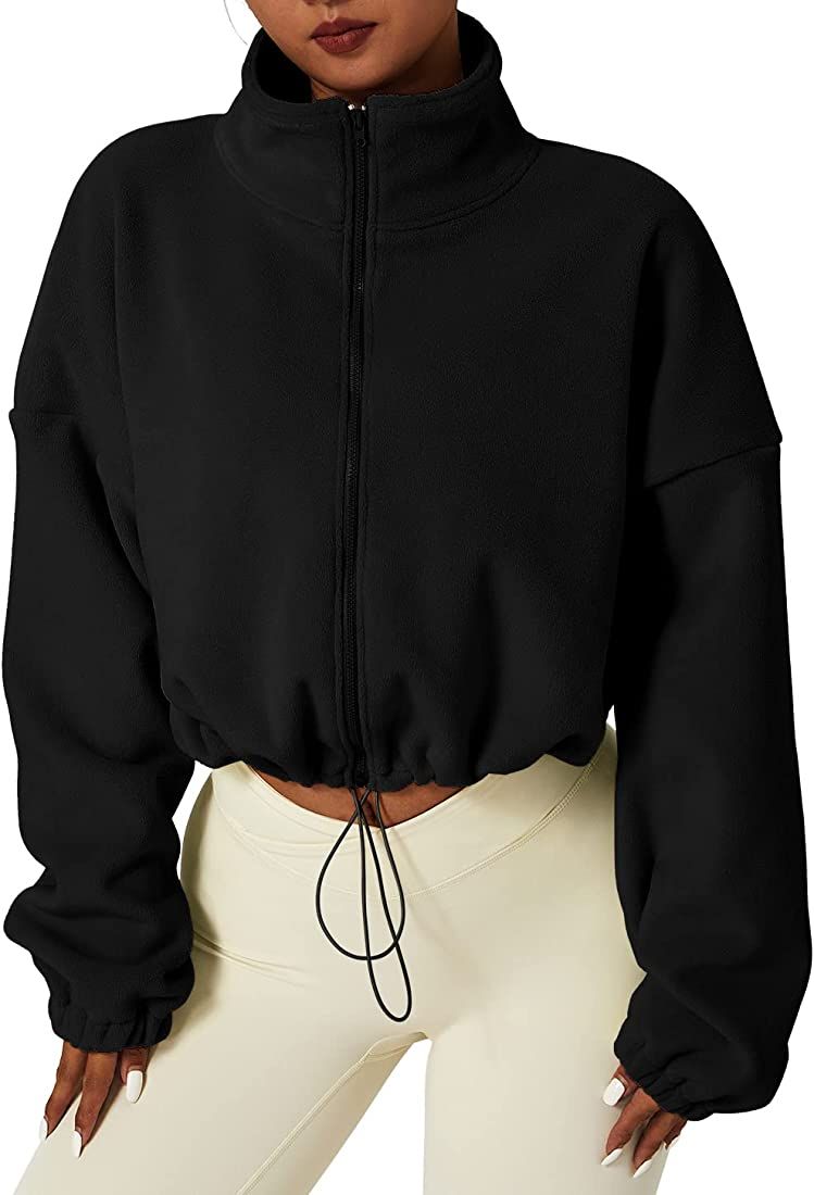 QINSEN Women's Full Zip Fleece Short Jacket Warm Winter Long Sleeve Stand Collar Sherpa Crop Coat | Amazon (CA)