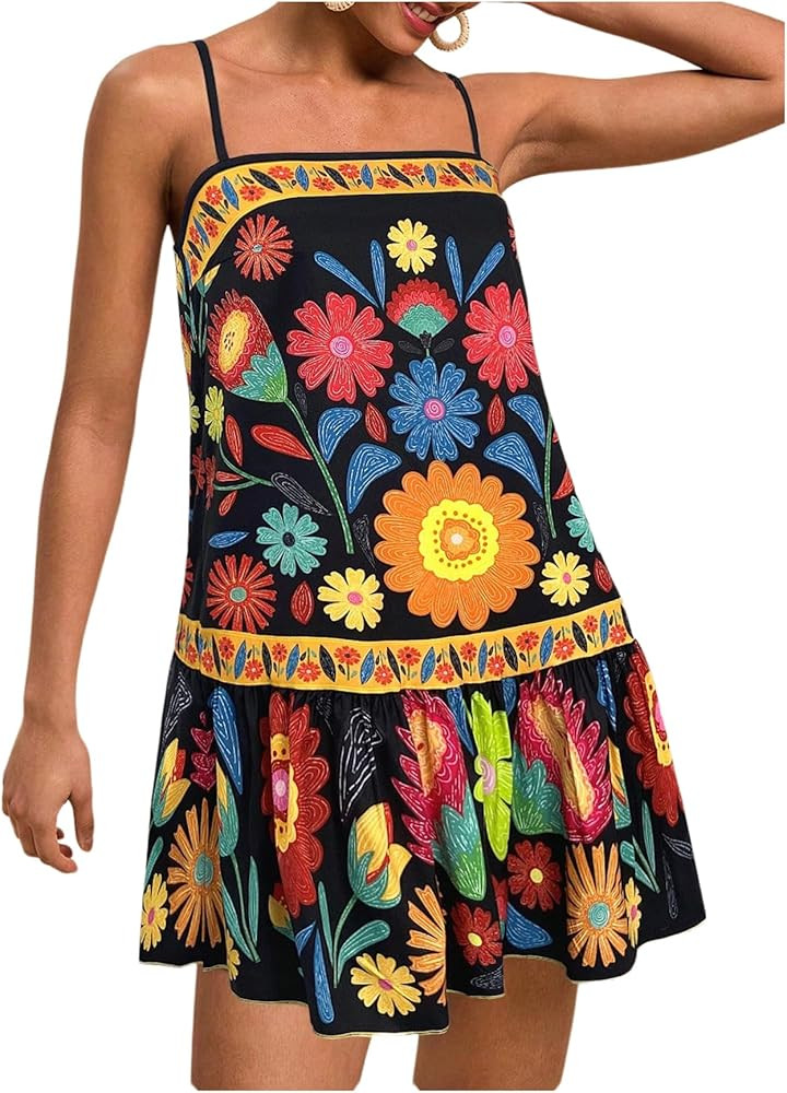 Women's Floral Boho Flowy Mini Cami Dress Ruffle Hem Spaghetti Strap Vacation Tank Dresses | Amazon (US)