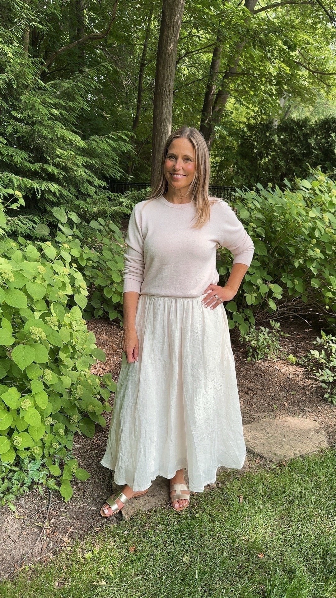 Outfit inspiration styling one of our favorite cashmere sweaters from Quince! We paired it with a white maxi skirt and sandals! Perfect for a teacher outfit as well! 

#LTKMidsize #LTKStyleTip #LTKOver40