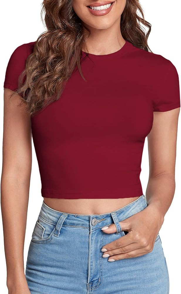 Verdusa Women's Casual Basic Cap Sleeve Slim Fitted Round Neck Crop Tee Top | Amazon (US)