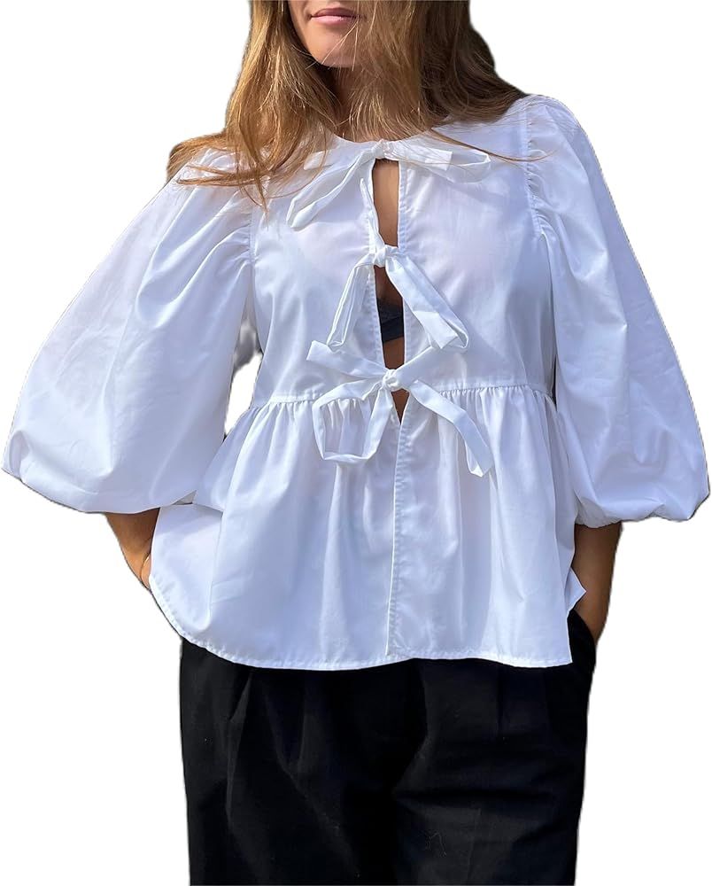 Y2k Women Puff Short Sleeve Shirts Front Tie Ruffle Hem Babydoll Peplum Blouse Cute Basic Lace Up... | Amazon (US)