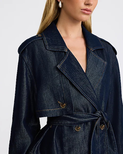 Denim Double Breasted Cropped Belted Trench Coat | Express