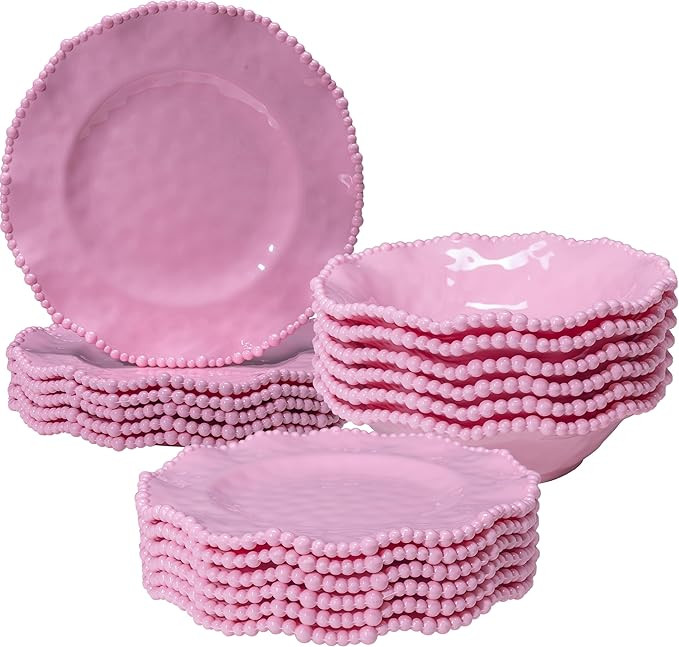 Pink Dishes Melamine Dinnerware Sets, 18 Piece Kitchen Plates and Bowls tableware Set, Lightweigh... | Amazon (US)