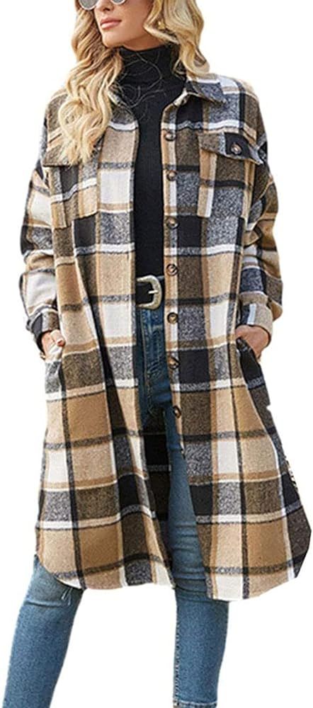 Ownow Womens Casual Flannel Plaid Button Down Jacket Long Sleeve Lapel Pocketed Shacket Coat | Amazon (US)