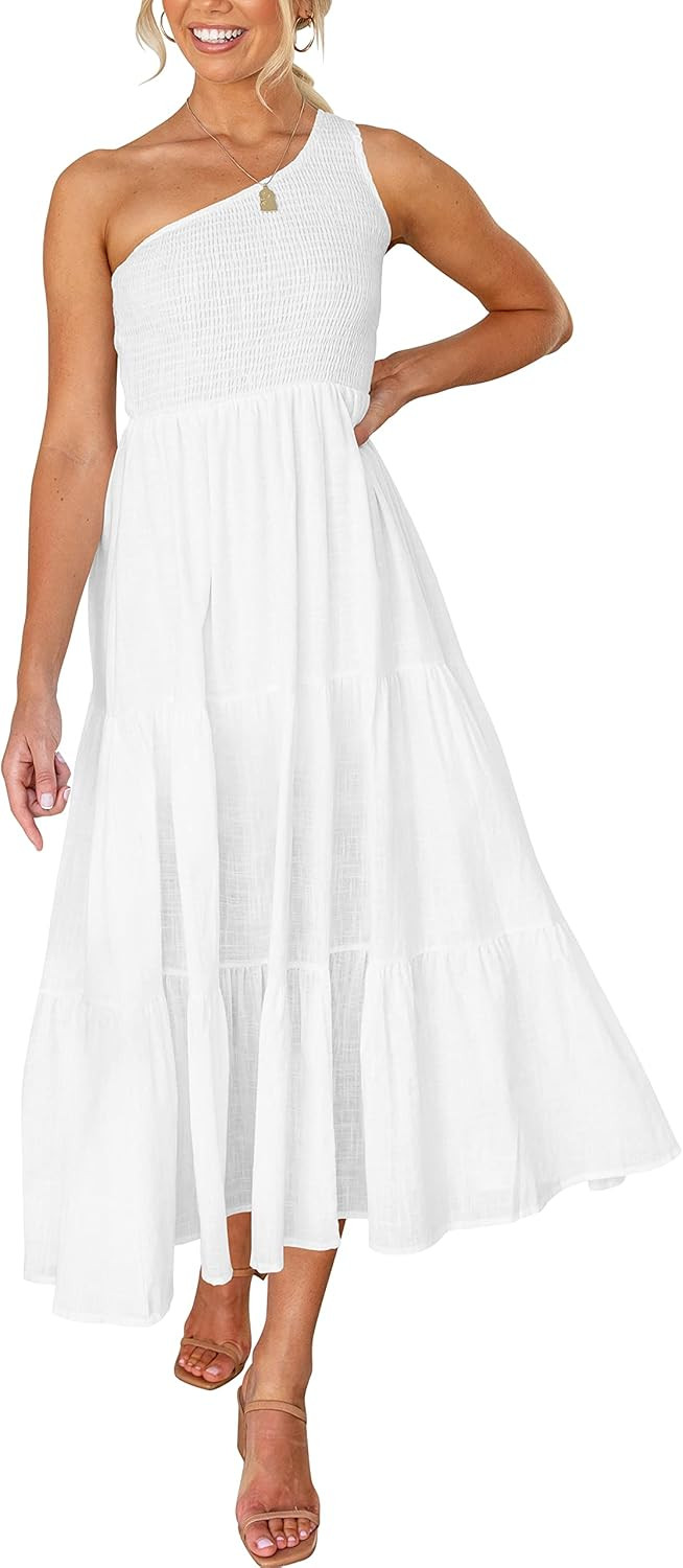ANRABESS Women's Boho Summer Printed One Shoulder Sleeveless Smocked Flowy Tiered Beach Party Maxi D | Amazon (US)