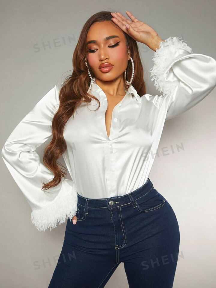 SHEIN SXY Fuzzy Cuff Curved Hem Shirt | SHEIN
