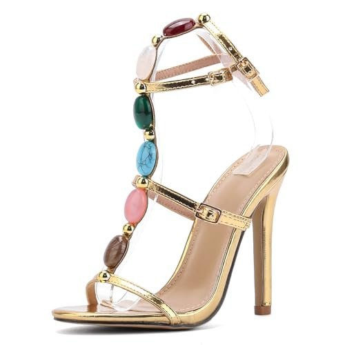 Kluolandi Jewelled Strappy Gold Heels for Women Open Toe Ankle Strap Gladiator Stiletto Heeled Sandals for Party Wedding Size 5 | Amazon (US)