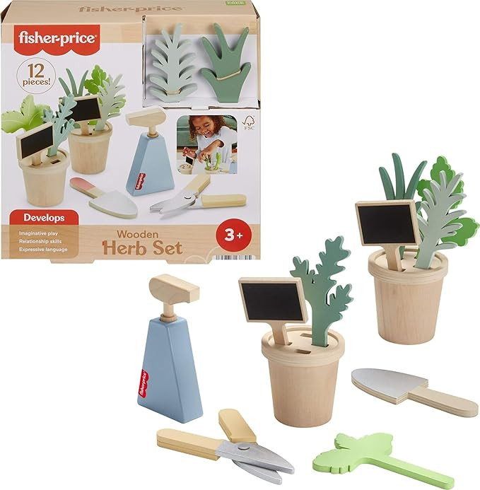 Fisher-Price Wood Pretend Play Toy Herb Garden & Tools Set, 12-Piece Wooden Playset for Preschool... | Amazon (US)