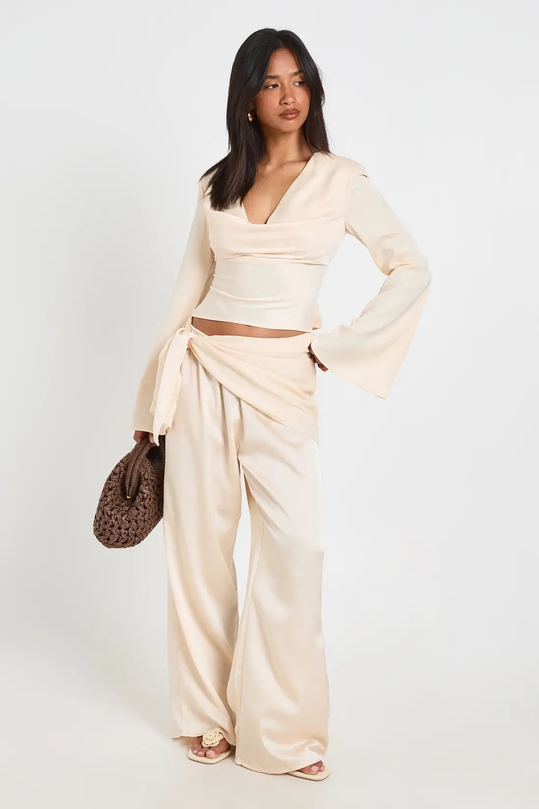 Champagne boohoo Petite Satin Tie Waist Wide Leg Trouser | PrettyLittleThing USA | PrettyLittleThing US