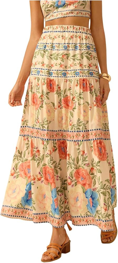 MakeMeChic Women's Floral Print A Line Maxi Skirts Ruffle Hem Loose Fit Summer Long Skirts Vacati... | Amazon (US)