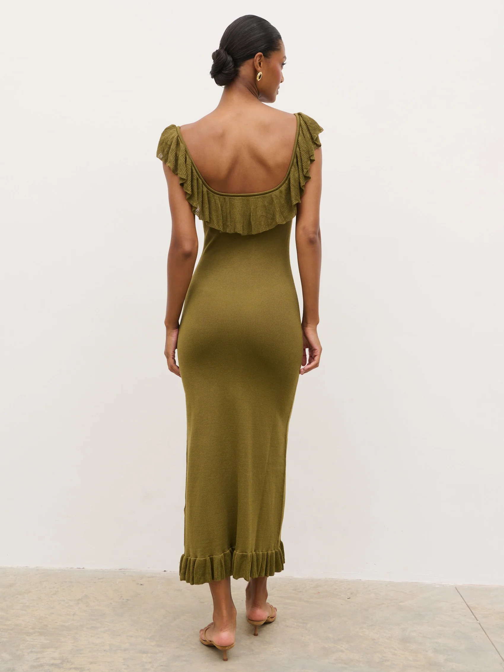 Sascha Frill Detail Knit Midaxi Dress - Tarragon Green | Pretty Lavish (UK)