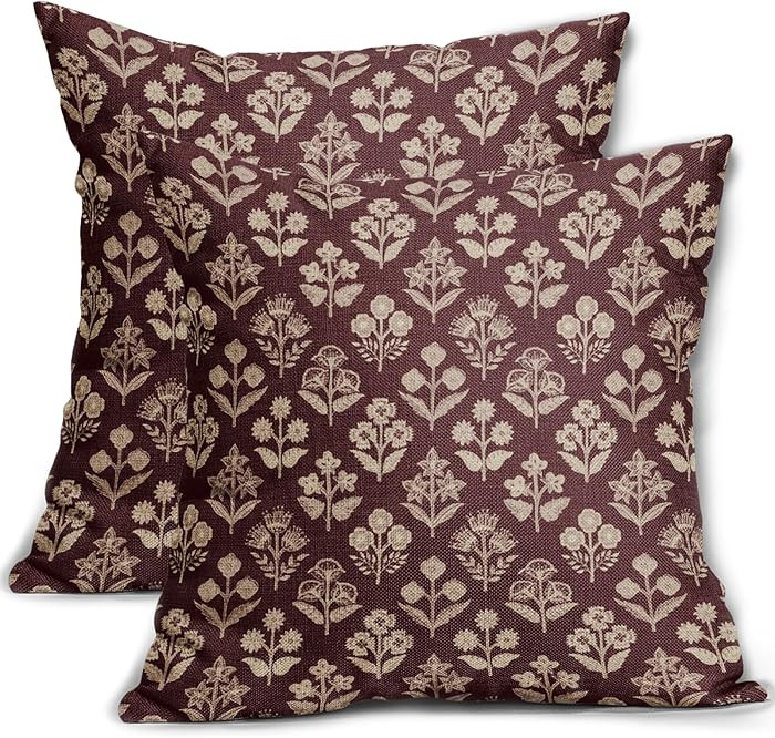 Burgundy Red Floral Block Print Pillow Covers 20x20 Inch Set of 2, Vintage Flower Pattern Decorat... | Amazon (US)