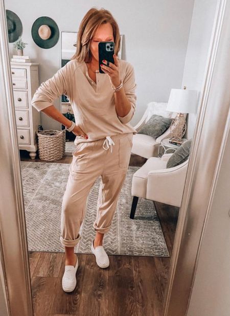 Been lounging in this comfy 2 piece set from Amazon since I hurt my back. If you love loungewear, this one is a must have! Fits tts, wearing a medium and it comes in more colors. Pants are joggers but can be cuffed and it’s a great travel outfit!

Loungewear, Amazon Fashion, amazon outfits, weekend outfit, lounge sets, comfy outfit, fashion over 40, everyday outfit, vacation outfit, fall outfit#LTKunder50 

#LTKstyletip #LTKsalealert #LTKfindsunder50