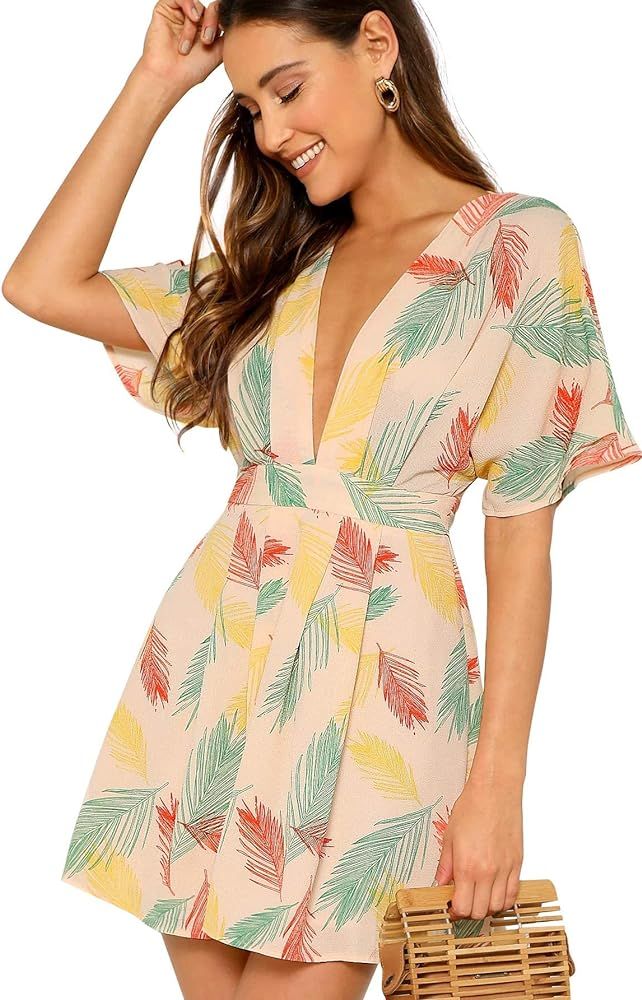 Floerns Women's Tropical Floral Plunging V Neck Tie Open Back Summer Short Dress | Amazon (US)