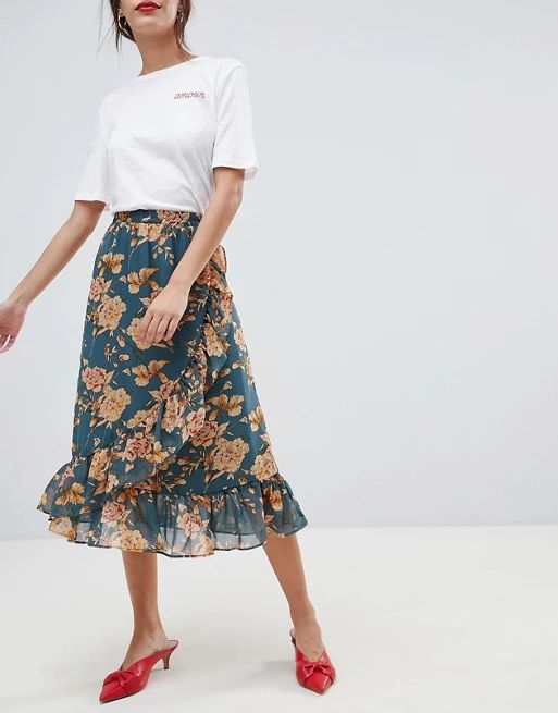 Vila floral midi skirt with ruffle hem | ASOS US