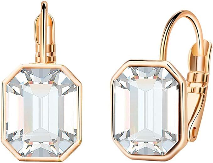 Austrian Crystal Octagon Leverback Drop Earrings for Women 14K Rose Gold Plated Hypoallergenic Je... | Amazon (US)