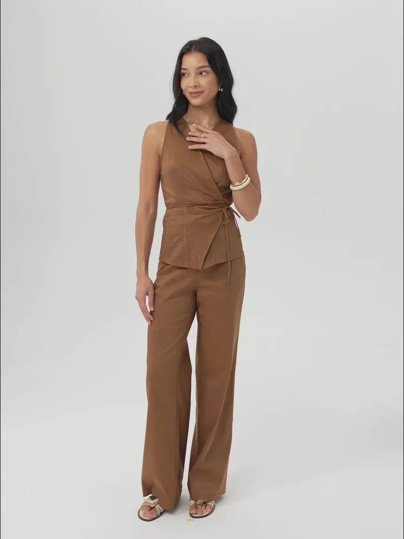2Pcs Set Wrap Top with Self-Tie & Drawstring Wide Leg Pant with Pockets | OGLmove
