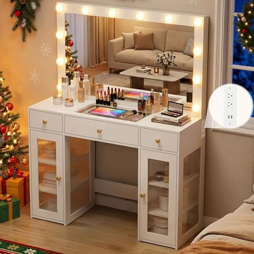 Makeup Vanity Desk with Mirror and Lights for Bedroom,White Vanity with Glass Top,Power Outlet,3 ... | Amazon (US)