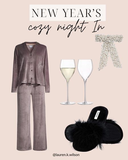 New years cozy night in, pajamas, sleepwear, wine glasses, bow, slippers 

#LTKSeasonal #LTKHoliday #LTKstyletip