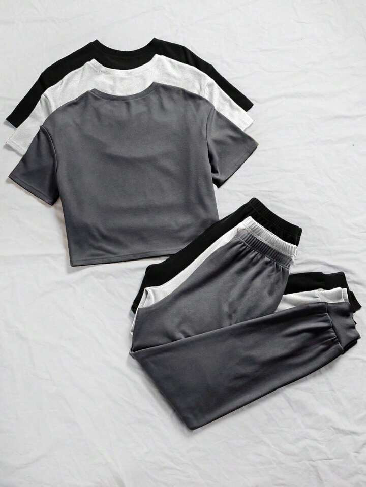 3 piezas unicolor homewear Camiseta & de cintura con cordón Pantalones deportivos Set homewear | SHEIN