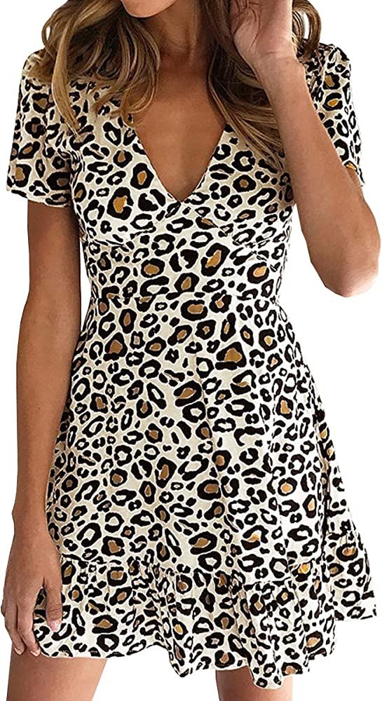 Womens Deep V Neck Floral Leopard Dress Short Sleeve Sexy Ruffles Fashion Mini Dress | Amazon (US)