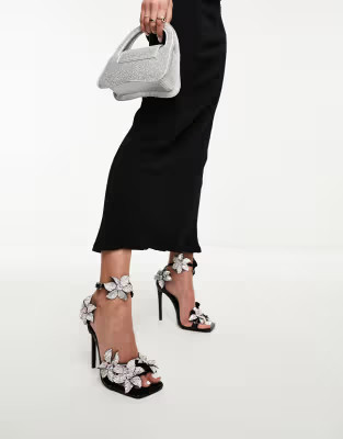 Azalea Wang Romi embellished flower heeled sandal in black and silver | ASOS | ASOS (Global)