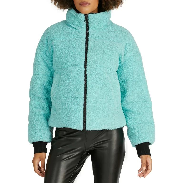 NVLT Cropped Berber Faux Down Puffer Jacket with Contrast Collar | Walmart (US)