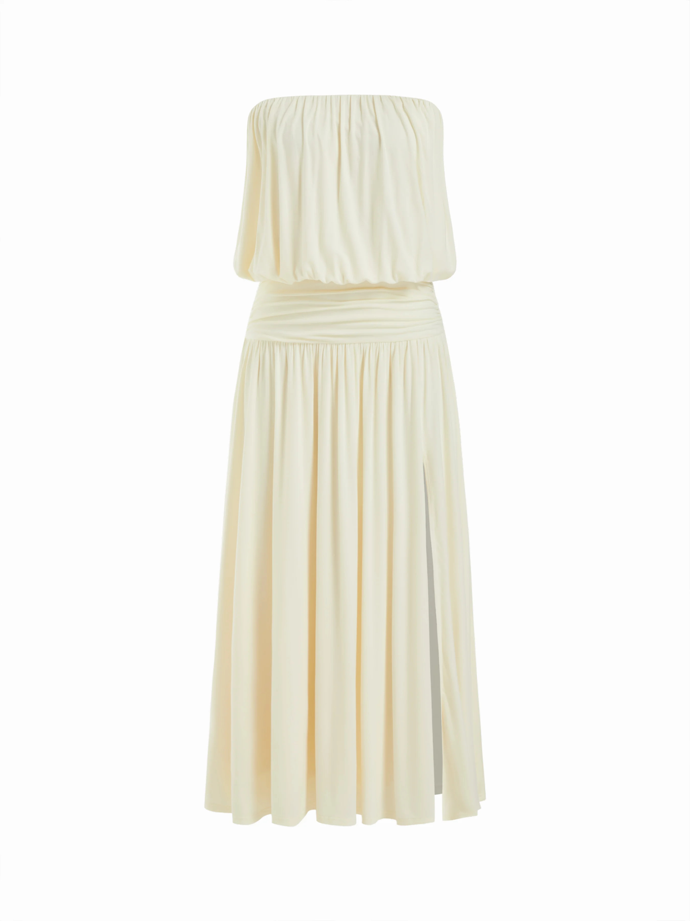 Jersey Draped Strapless Ruched Side Slit Flared Maxi Dress For Vacation | Cider