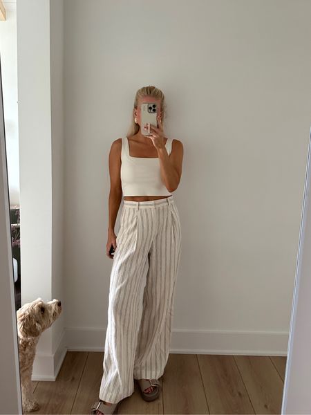 Stripe line pants are 30% off when you spend $230. Code spring! Size 4. Tank and shoes are older so I linked similar 🤍
