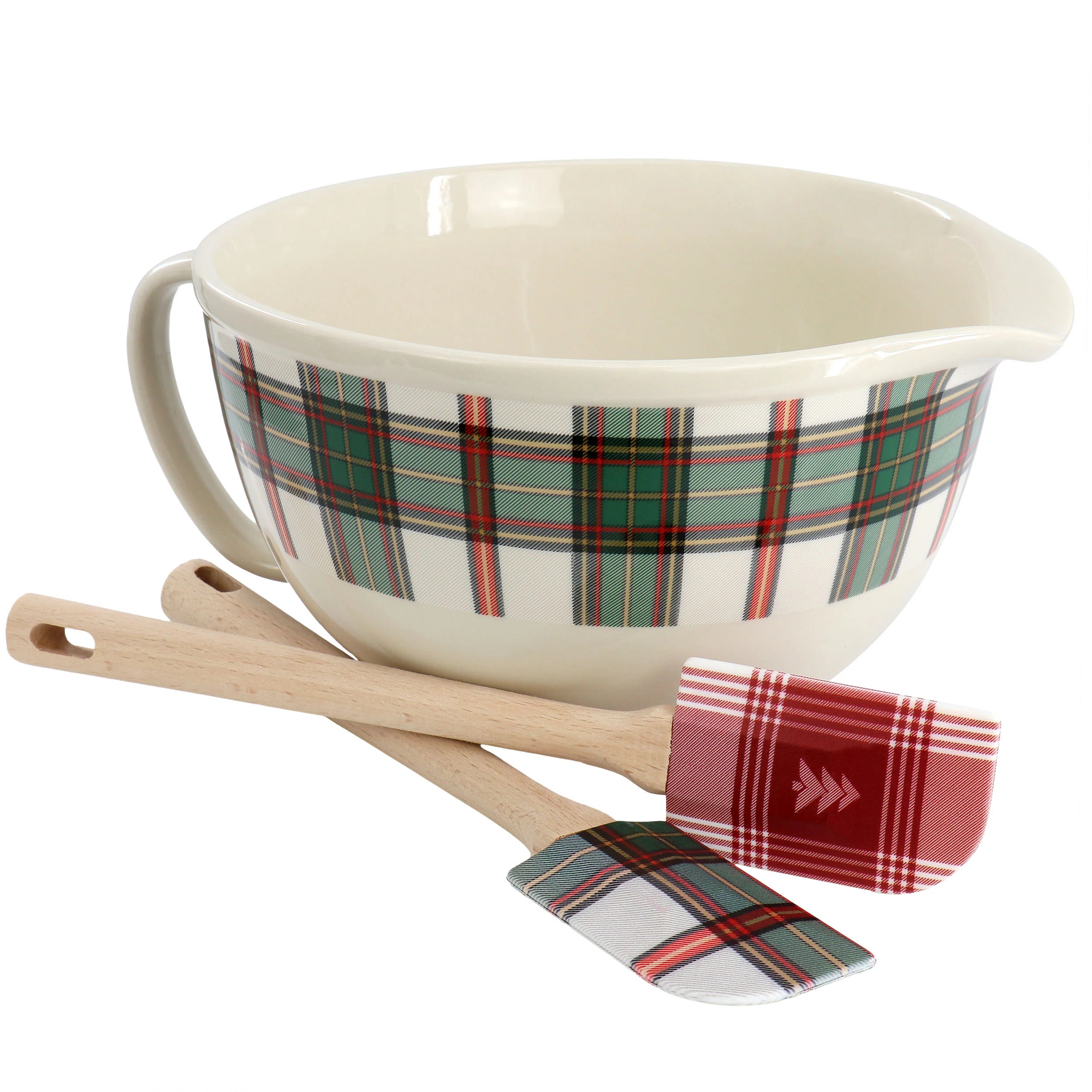 Martha Stewart 3 Piece Holiday Plaid Stoneware 3.4qt Batter Bowl Set with Silicone Spatulas in Wh... | Wayfair North America