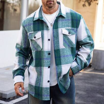 Plus Size Men's Casual Plaid Print Flap Pocket Shacket For Autumn, Green Going Out Color Block Flannel Shacket, For Friends, Husband, Boyfriend Gifts | SHEIN