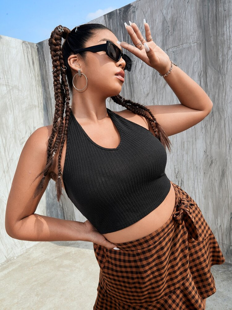 Plus Rib Knit Backless Halter Top | SHEIN